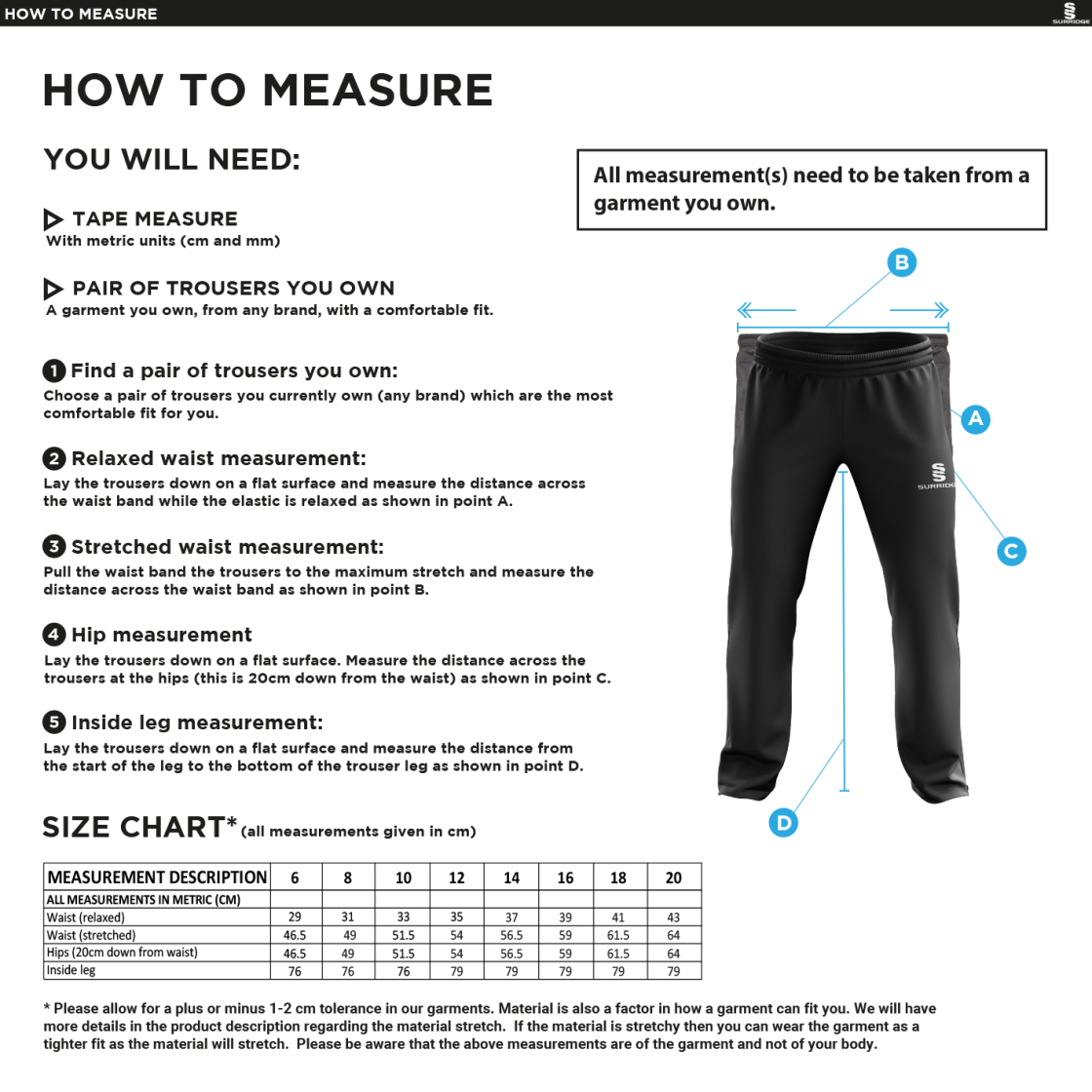 Stockport Trinity CC - Women's Ripstop Tracksuit pants - Size Guide