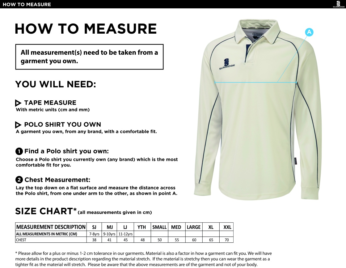 Stockport Trinity CC - Long Sleeve Premier shirt - Size Guide