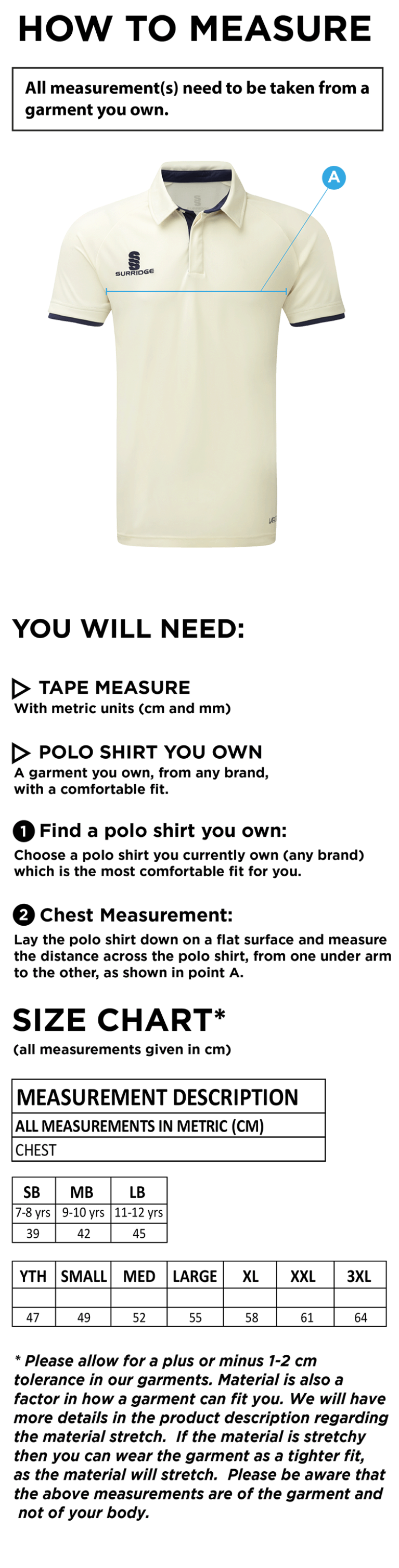 Stockport Trinity CC - Short Sleeve Tek Shirt - Size Guide