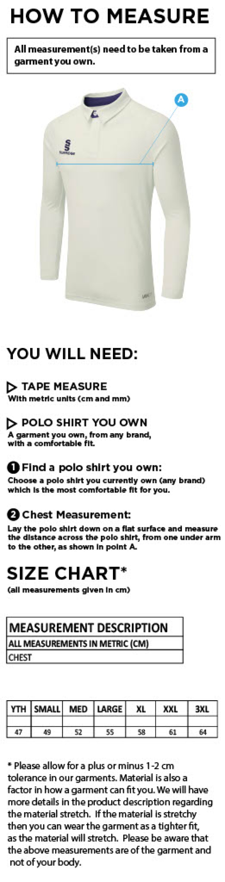 Stockport Trinity CC - Long Sleeve Tek Shirt - Size Guide