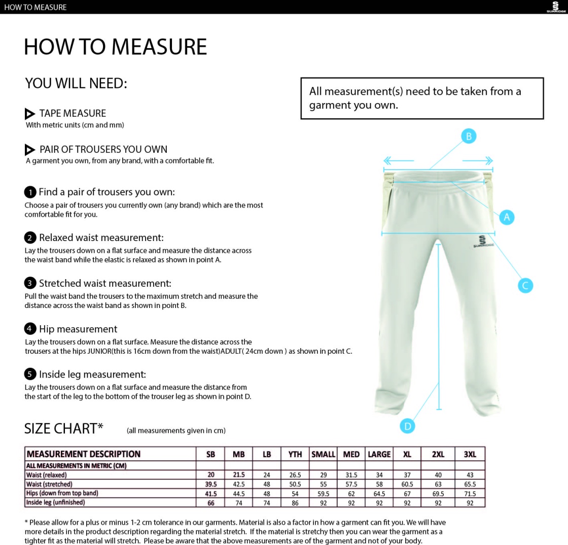 Stockport Trinity CC - Standard Playing Pant - Size Guide