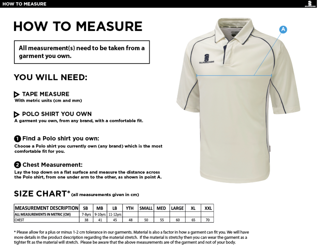 Stockport Trinity CC - 3/4 Premier Shirt - Size Guide