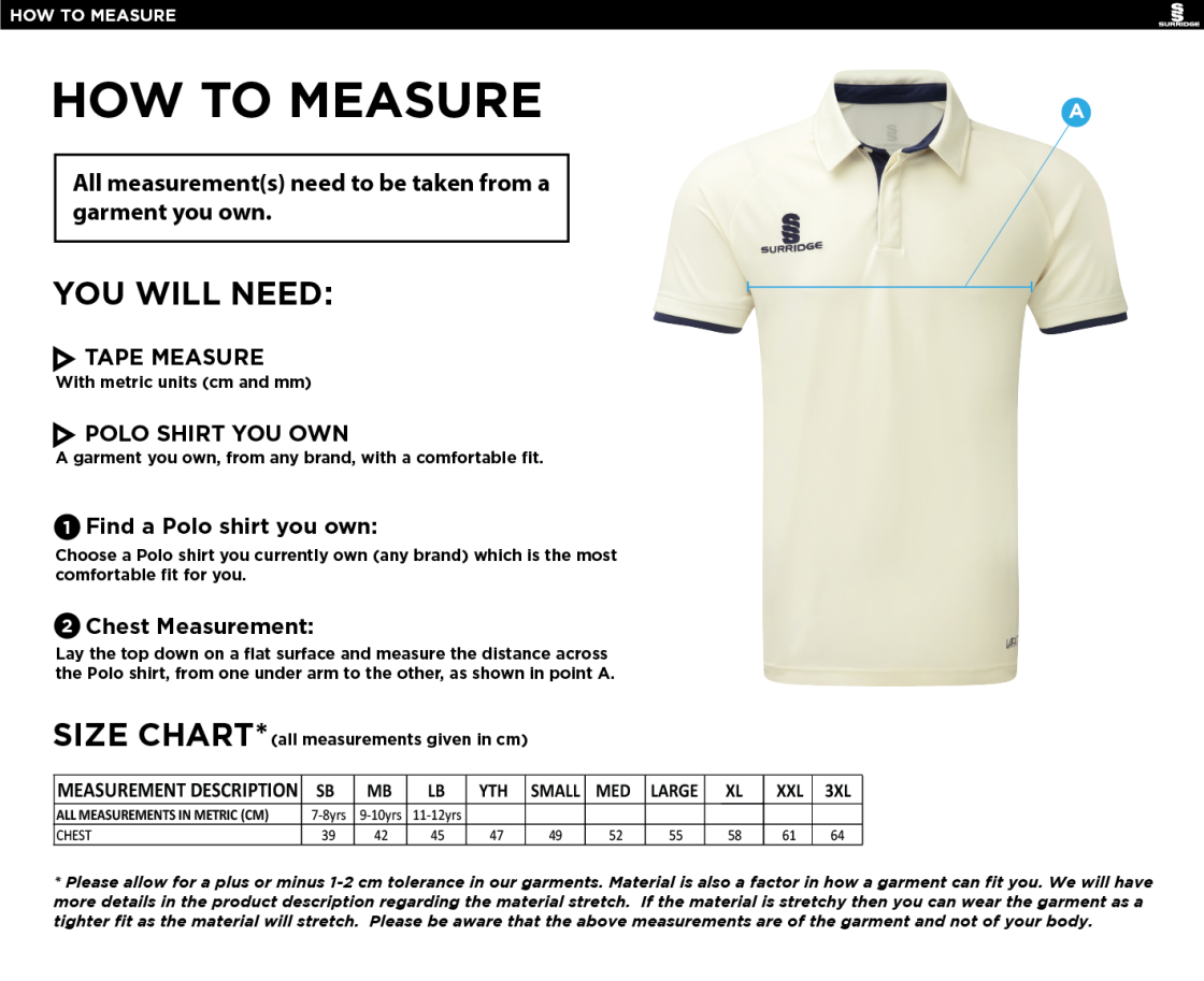 Stockport Trinity CC - Short Sleeve Tek Shirt - Size Guide