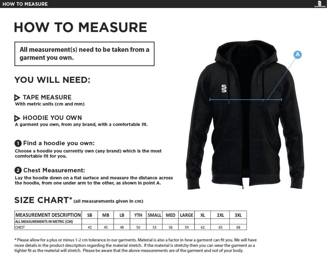 Stockport Trinity CC - Dual Full Zip Hoody - Size Guide