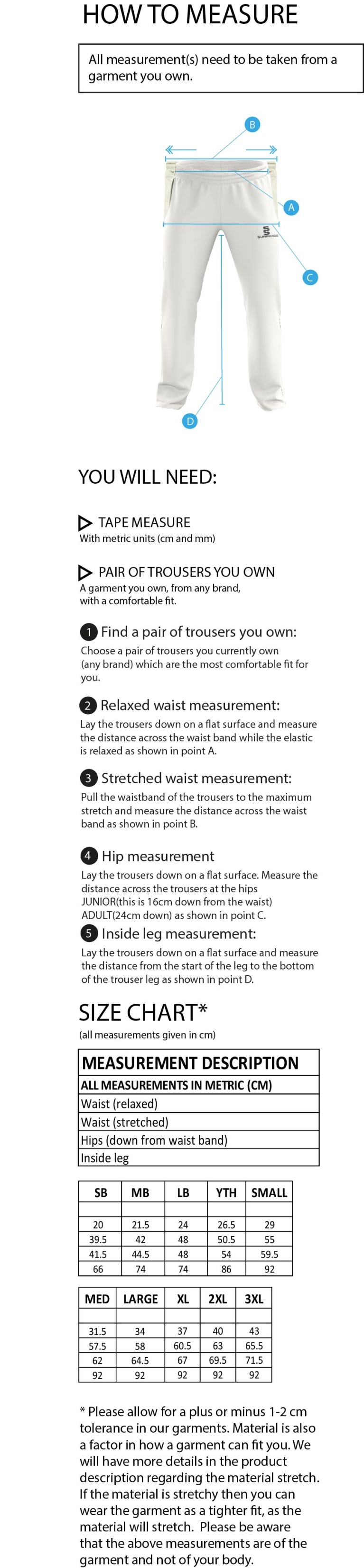 Stockport Trinity CC - Standard Playing Pant - Size Guide