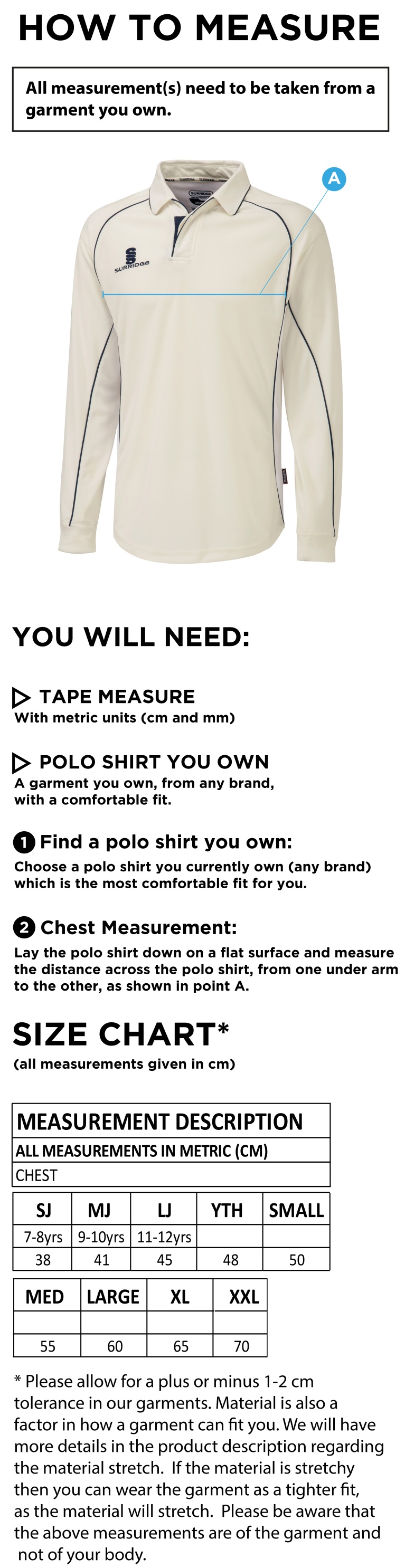 Stockport Trinity CC - Long Sleeve Premier shirt - Size Guide
