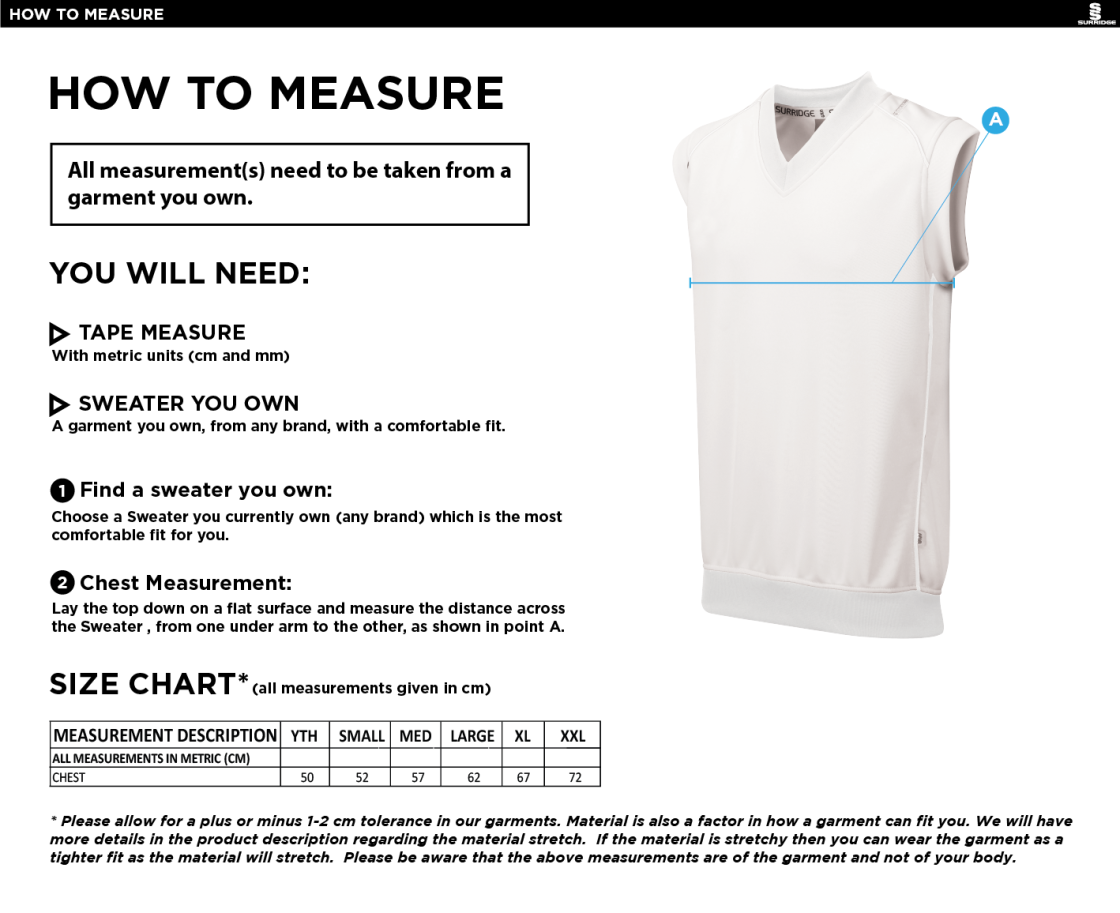 Stockport Trinity CC - Sleeveless Sweater - Size Guide