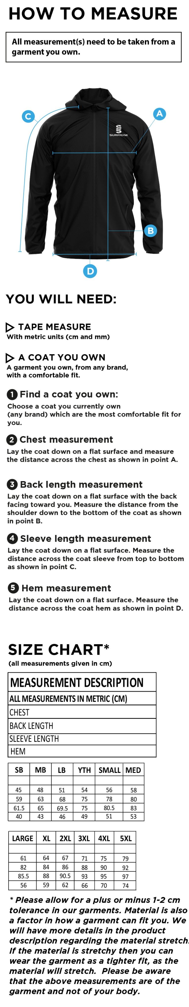 Stockport Trinity CC - Training Jacket - Size Guide