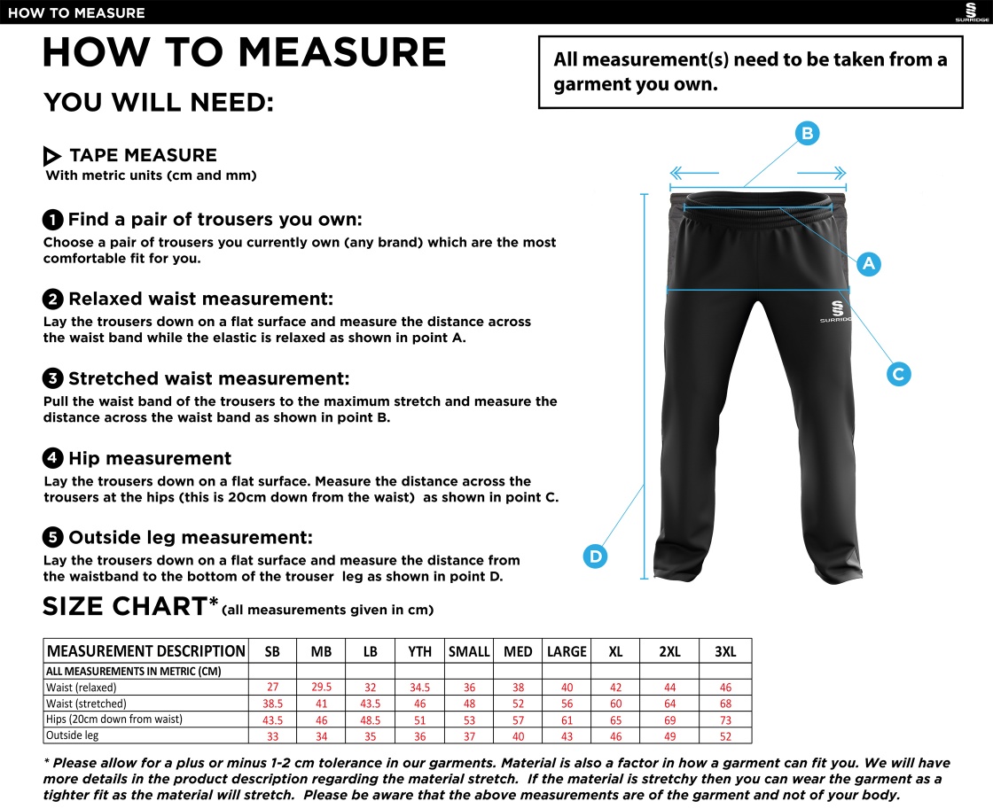 Stockport Trinity CC - Ripstop Tracksuit pants - Size Guide