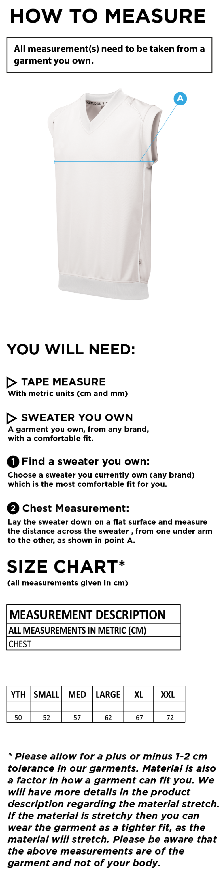 Stockport Trinity CC - Sleeveless Sweater - Size Guide