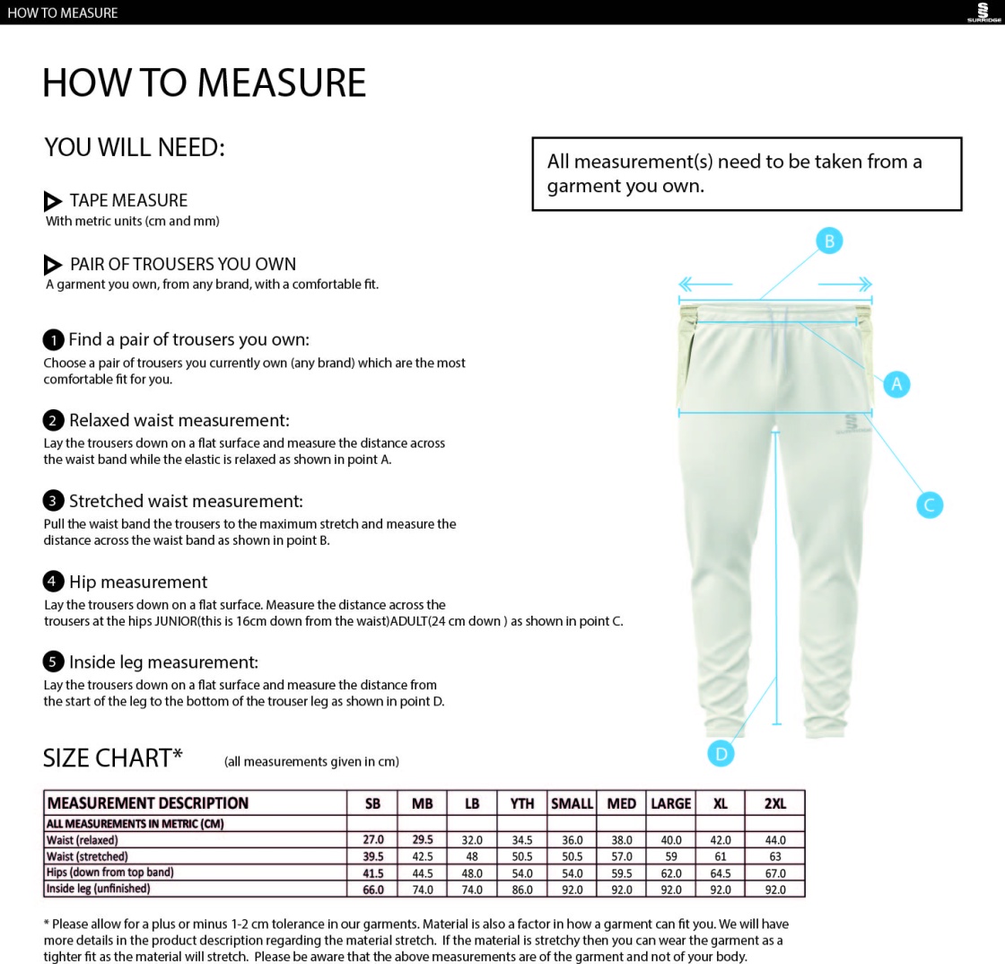 Stockport Trinity CC - Tek Playing Trousers - Size Guide