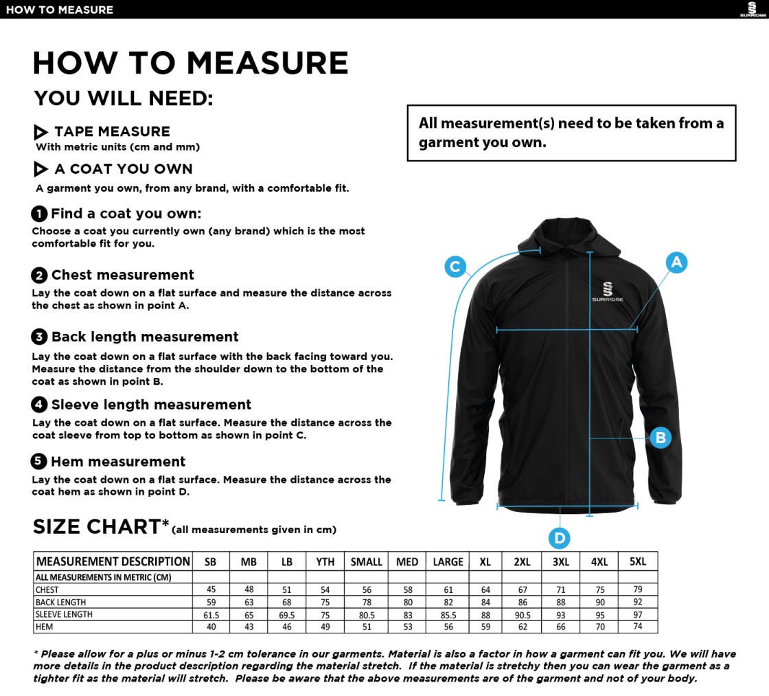 Stockport Trinity CC - Training Jacket - Size Guide