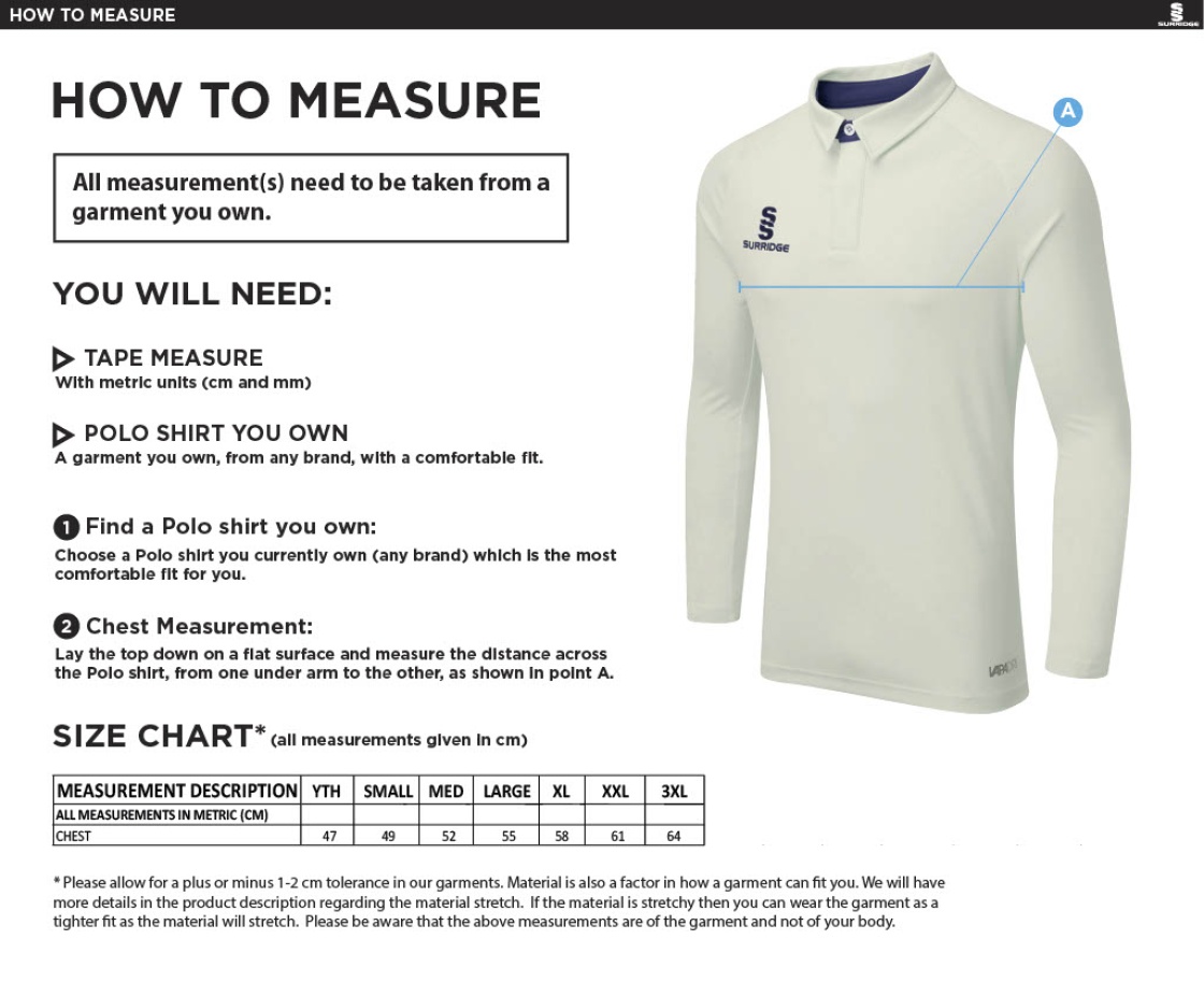 Stockport Trinity CC - Long Sleeve Tek Shirt - Size Guide