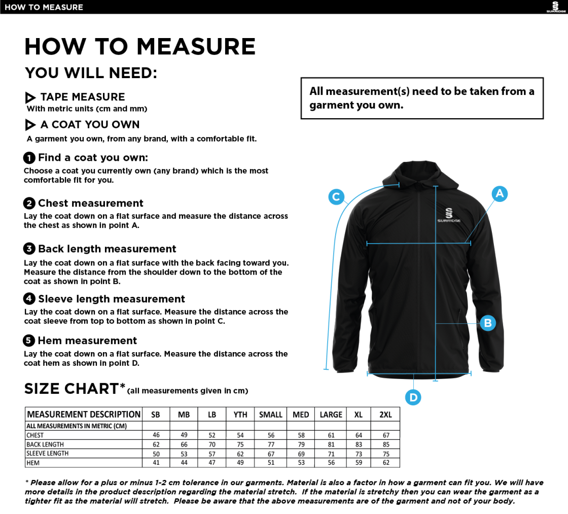 Stockport Trinity CC - Training Jacket - Size Guide