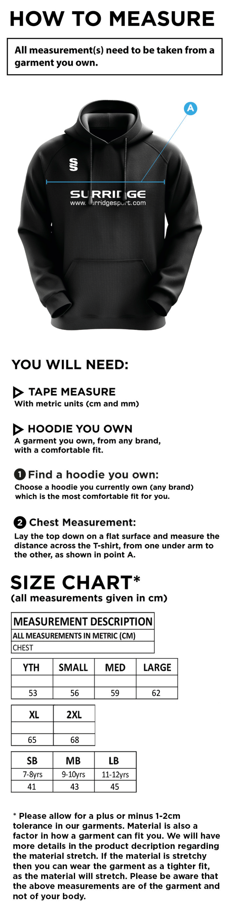 Stockport Trinity CC - Blade Hoody - Size Guide