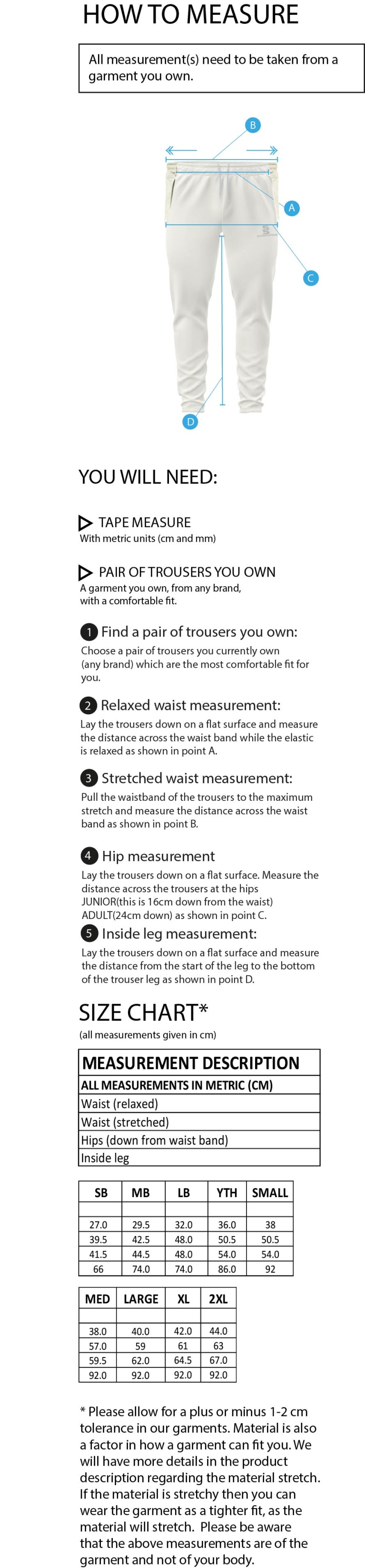 Stockport Trinity CC - Tek Playing Trousers - Size Guide